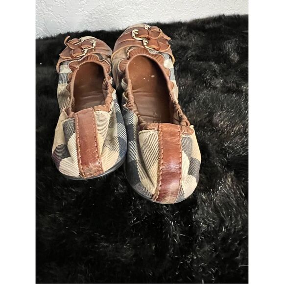 Burberry Brown Leather Canvas Nova Check Three Buckle Ballet Flats Shoes 9.5 - Picture 7 of 12